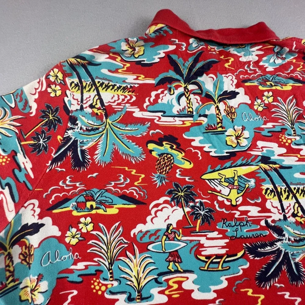Polo Ralph Lauren Polo Shirt Mens XXL Red Aloha Tropical Hawaiian‎ Classic Fit